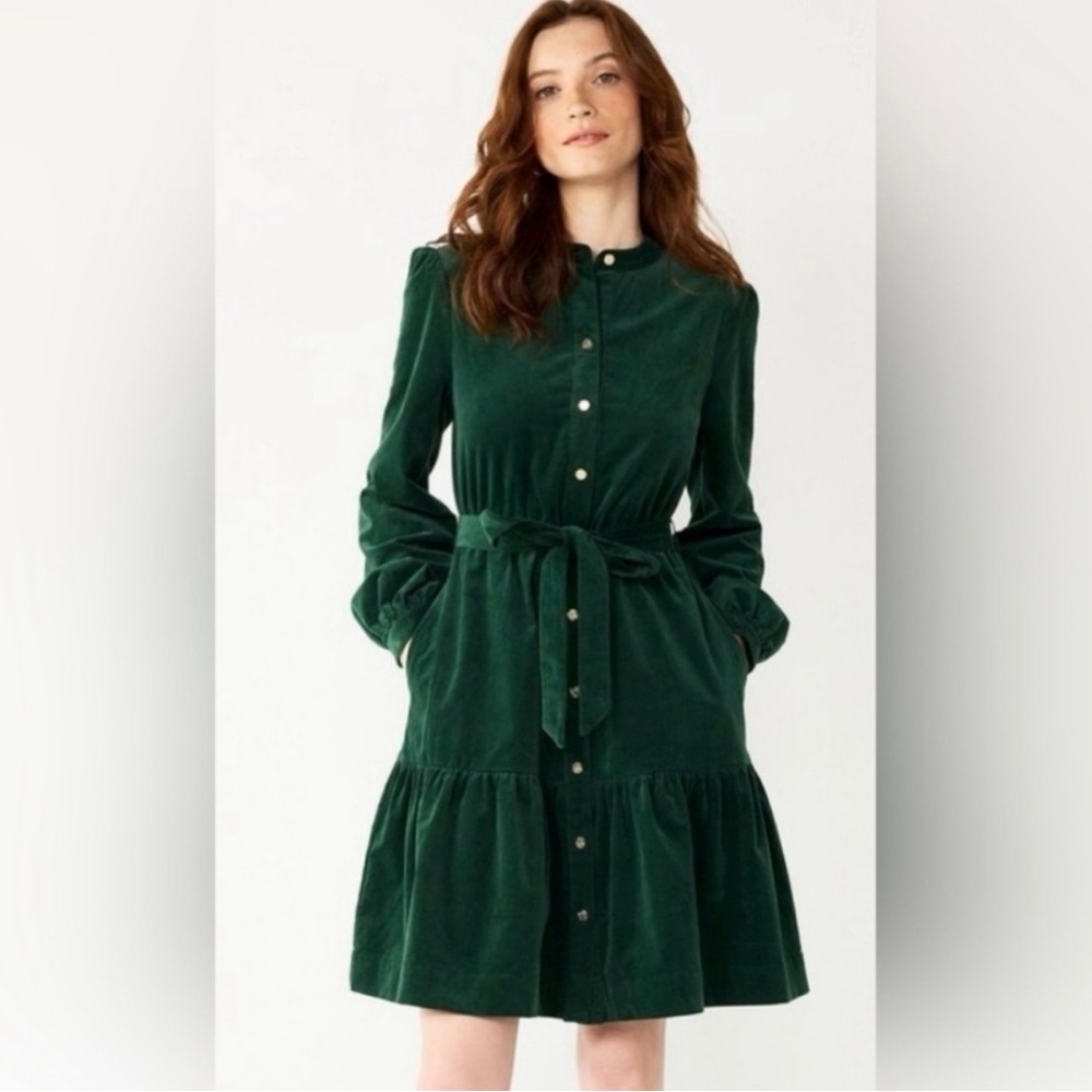 Draper James Emerald Green Velvet Button-Front Tie-Waist Dress